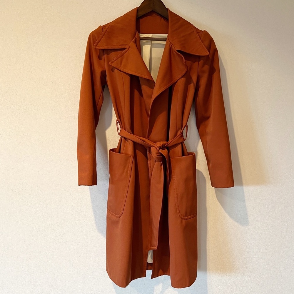 Vintage Handmade Open Front Belted Trench Lined Large Lapels - Picture 2 of 10